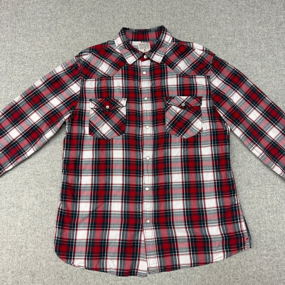Mossimo Supply Co Plaid Western Shirt Medium Red Blue Athletic Fit Pearl Snaps